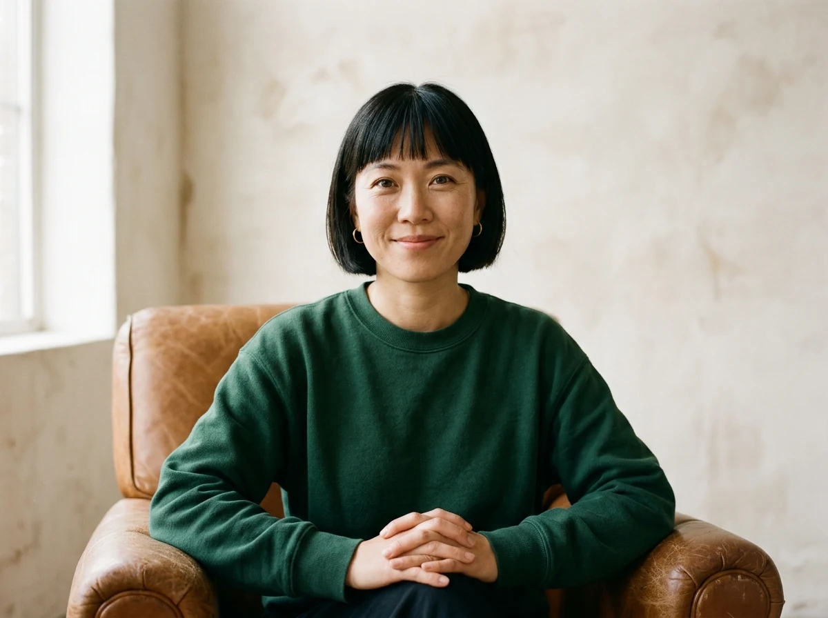 A woman with a black bob and green sweatshirt seated in a caramel leather chair